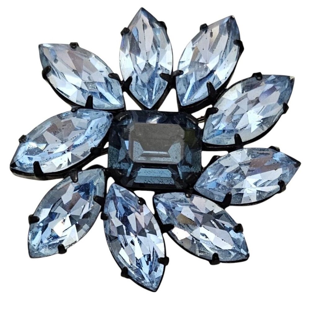 Austria Blue Prong Set Rhinestone Flower Brooch, Signed L984